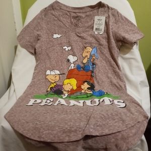 Peanuts Charlie Brown And The Gang Heather Red V-Neck Shirt, Size- XS